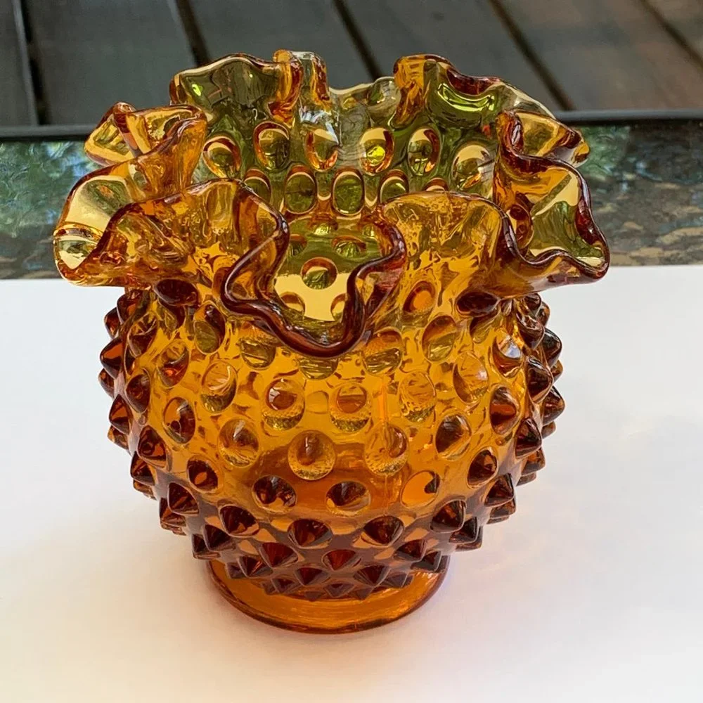 Vintage Fenton Amber Glass Footed Hobnail Vase with Ruffled Edge - Picture 2 of 12